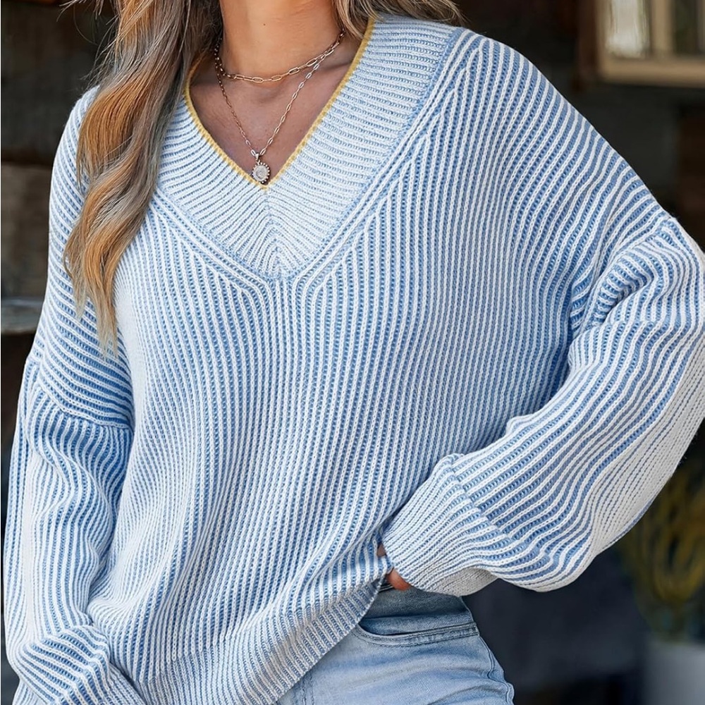 Cupshe Light Blue & Yellow V-Neck Ribbed Sweater - Picture 4 of 5